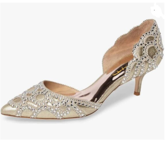 XYD Gold Pointed Toe D'Orsay Kitten Heel Rhinestone Studs Slip-On Pumps - Picture 1 of 8